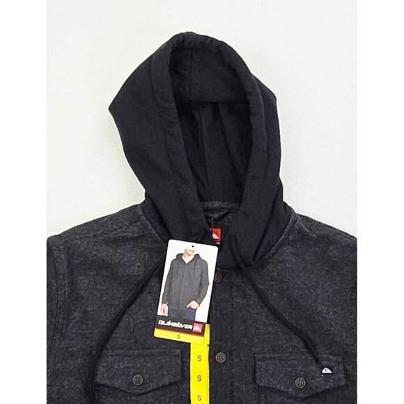 Quicksilver Size Small Men Black Cotton Hooded Flannel Button Up Pocket Logo NWT - Picture 5 of 10